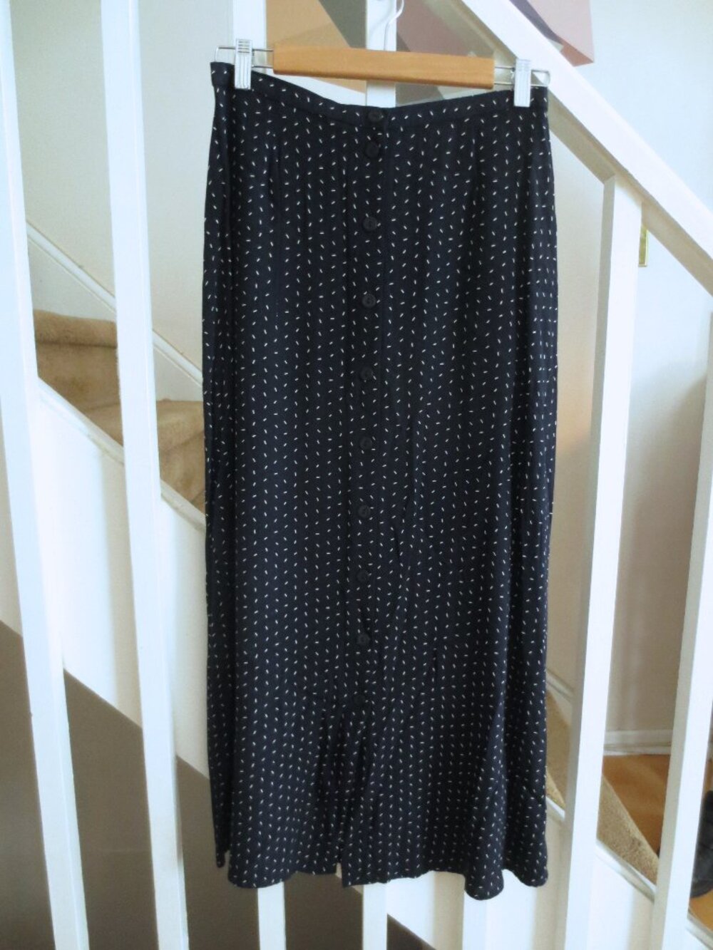 Vintage Navy Blue Cleo Maxi Skirt with White Sprinkle Pattern and Buttons 10
